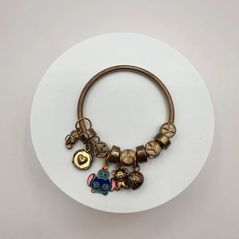 Vintage Y2K Gold Tone Peace Sign Expandable Charm Bracelet Women's Jewelry